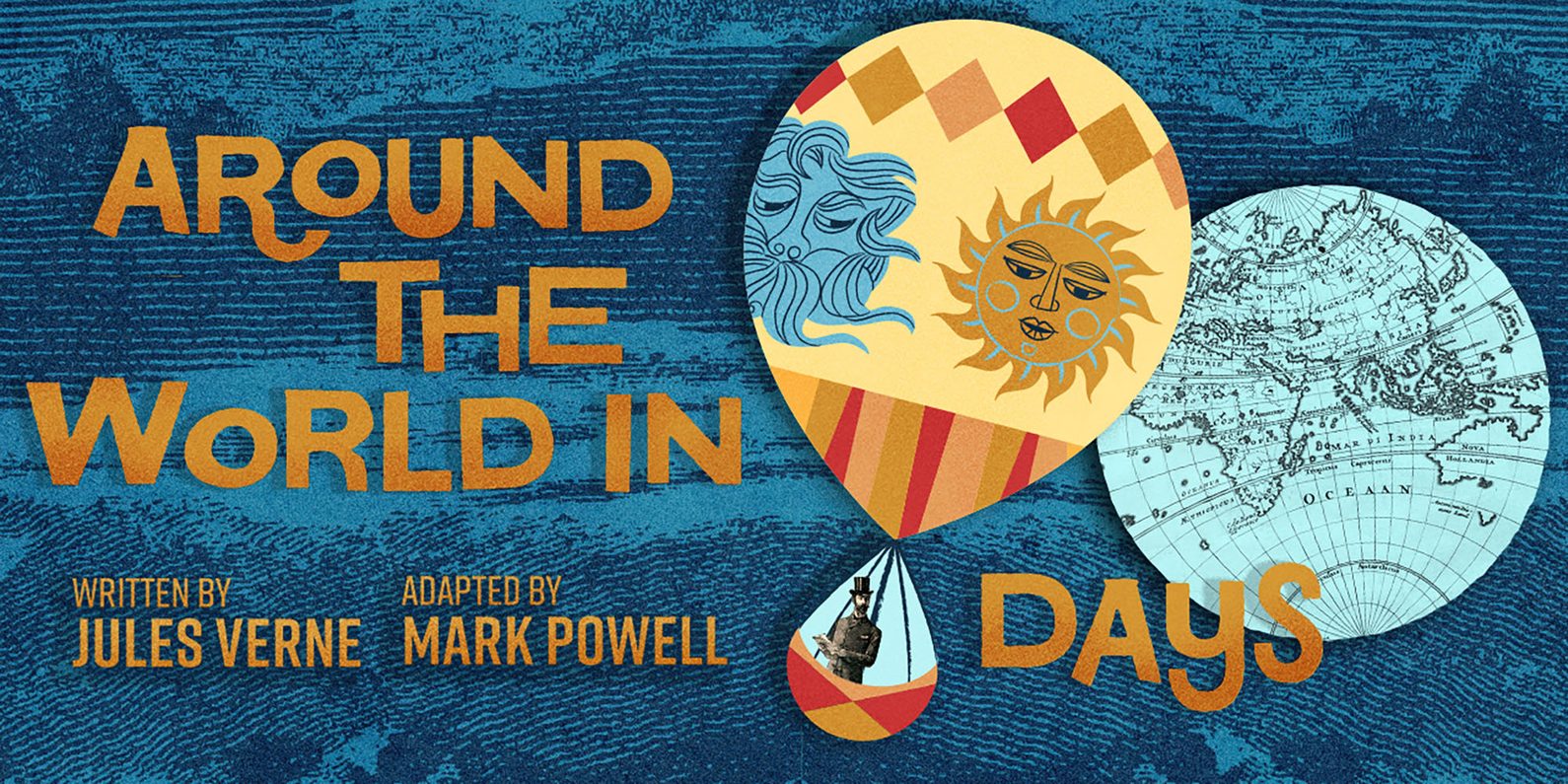 A hot air balloon in front of a blue back ground with an image of the sun decorating the balloon with an image of the globe to the right of the balloon