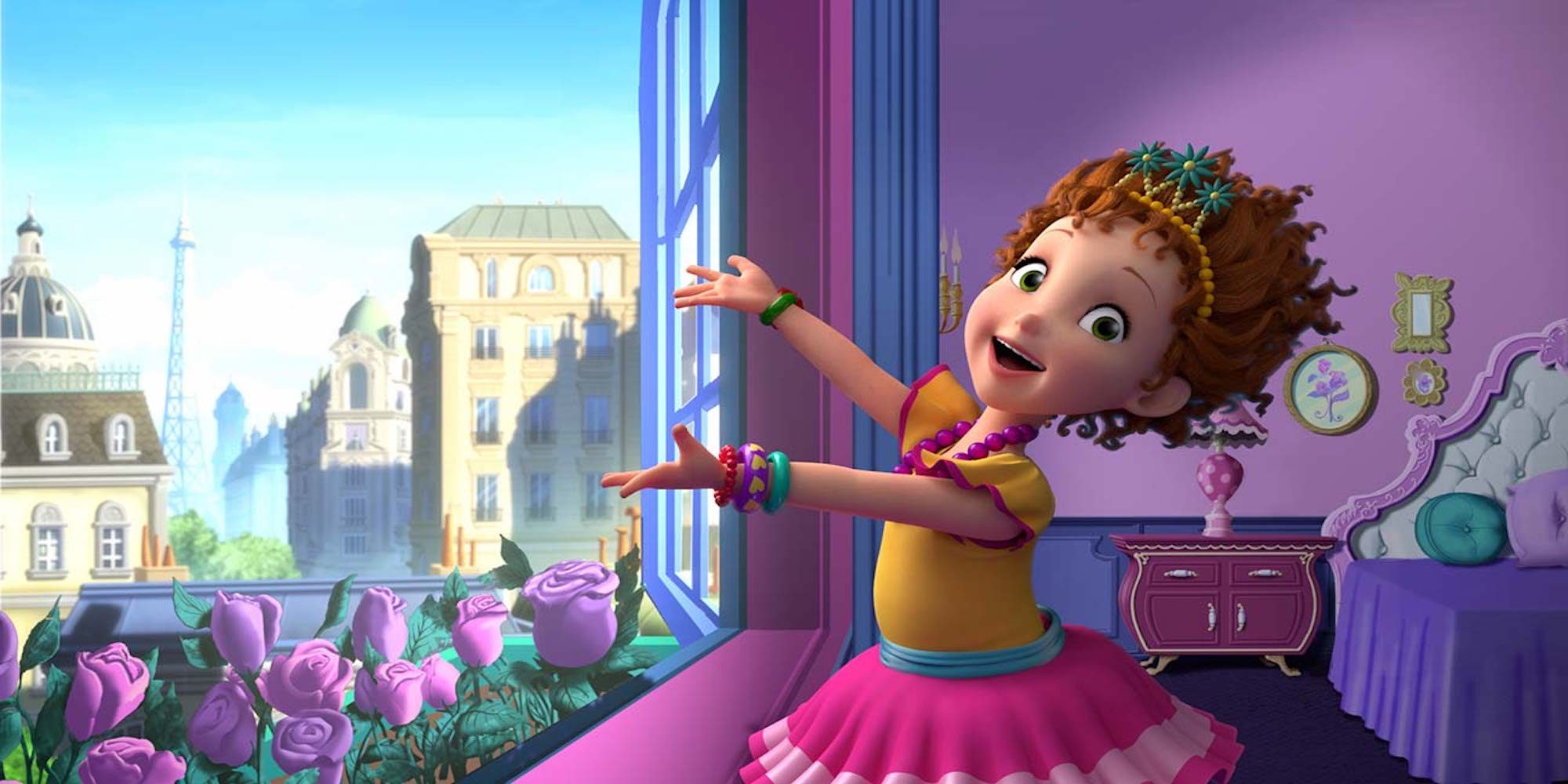 An image of a ballerina in a pink room showing Paris out of their bedroom window with pink roses on the window sill and blue skies outside.