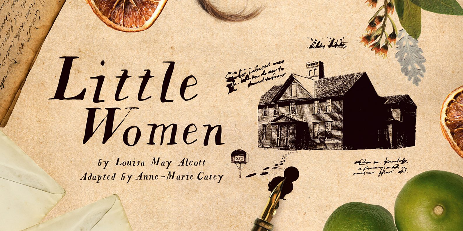 A parchment with a fountain pen at the bottom and a blob of ink at the tip, a detailed house drawn on the right hand side, fruits and leaves border the image along with two envelopes at in the bottom left