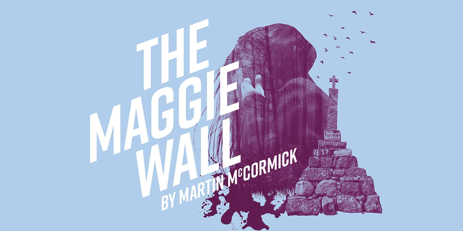 A silhouette of a woman with her hood up and filled in with a forrest, a flock of birds fly over a cross on a mound of stones