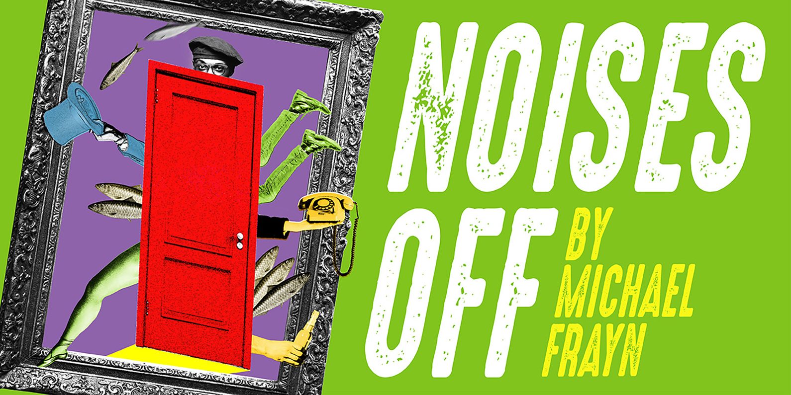 A closed red door in front of a grey picture frame, poking out from behind the door are three legs, a hand holding a telephone, a hand holding a beer bottle, five fish, a top ha about to catch two fish and a man with the top half of his head peering over the top of the door frame