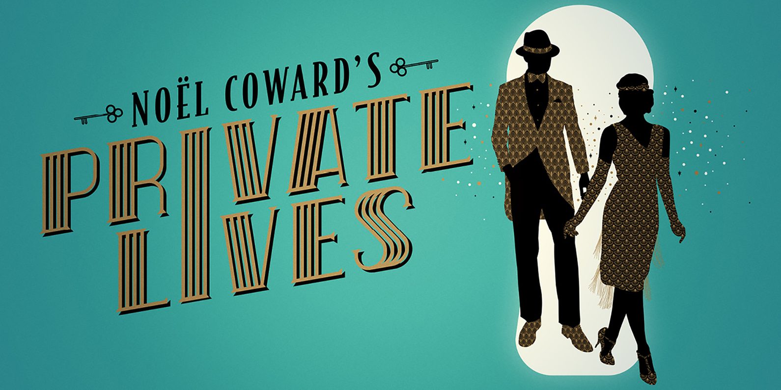 A silhouette of a man and a woman, the woman wearing a dress and full arm gloves with a head accessory, the man is wearing a tuxedo and a hat. Glitter surrounds them and they are standing in front of a green background with a white spotlight to highlight them