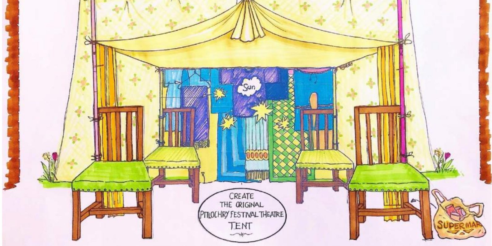 A drawing of four chairs in front of a yellow tent and a plastic bag to the right of the drawing.