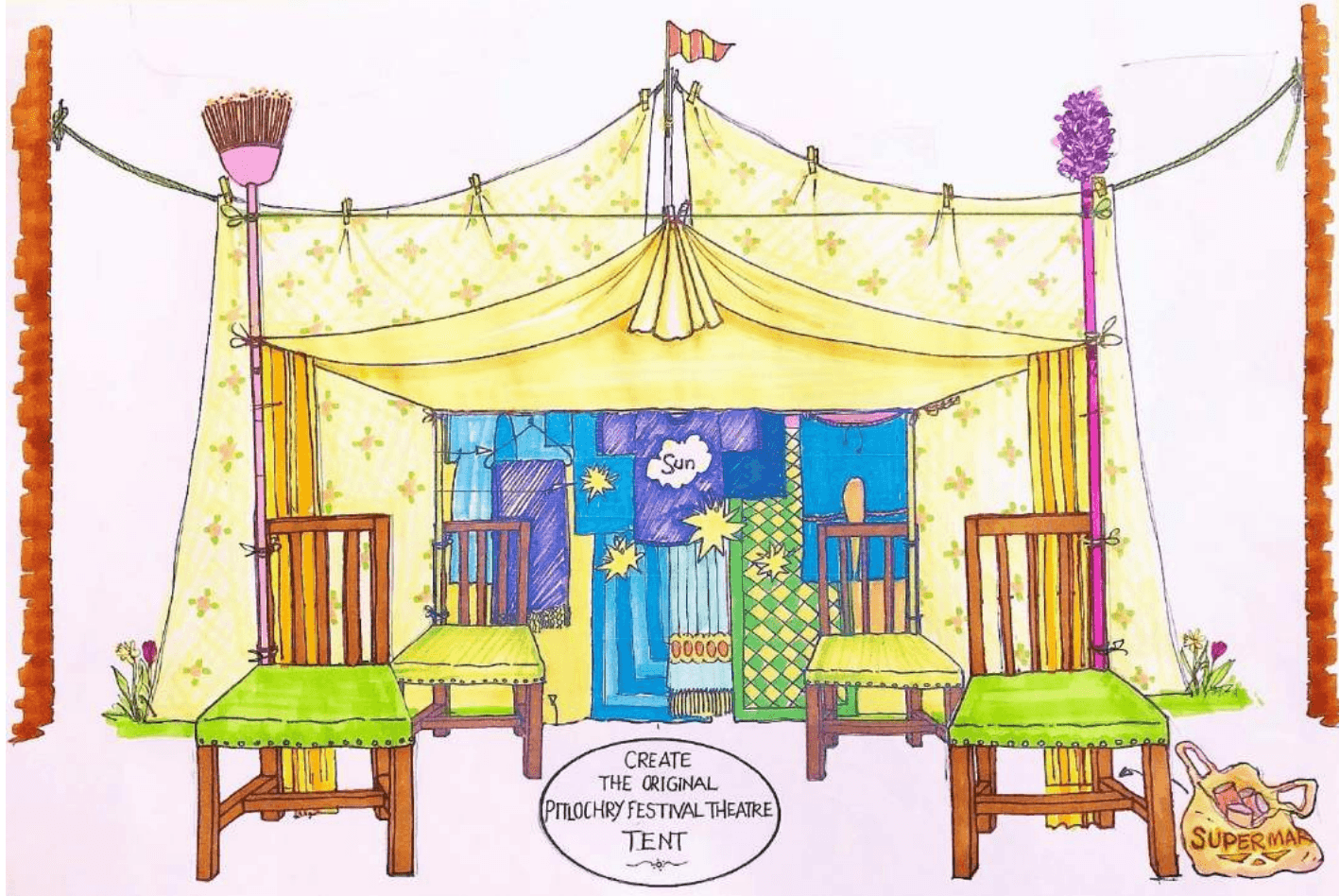A drawing of four chairs in front of a yellow tent and a plastic bag to the right of the drawing.