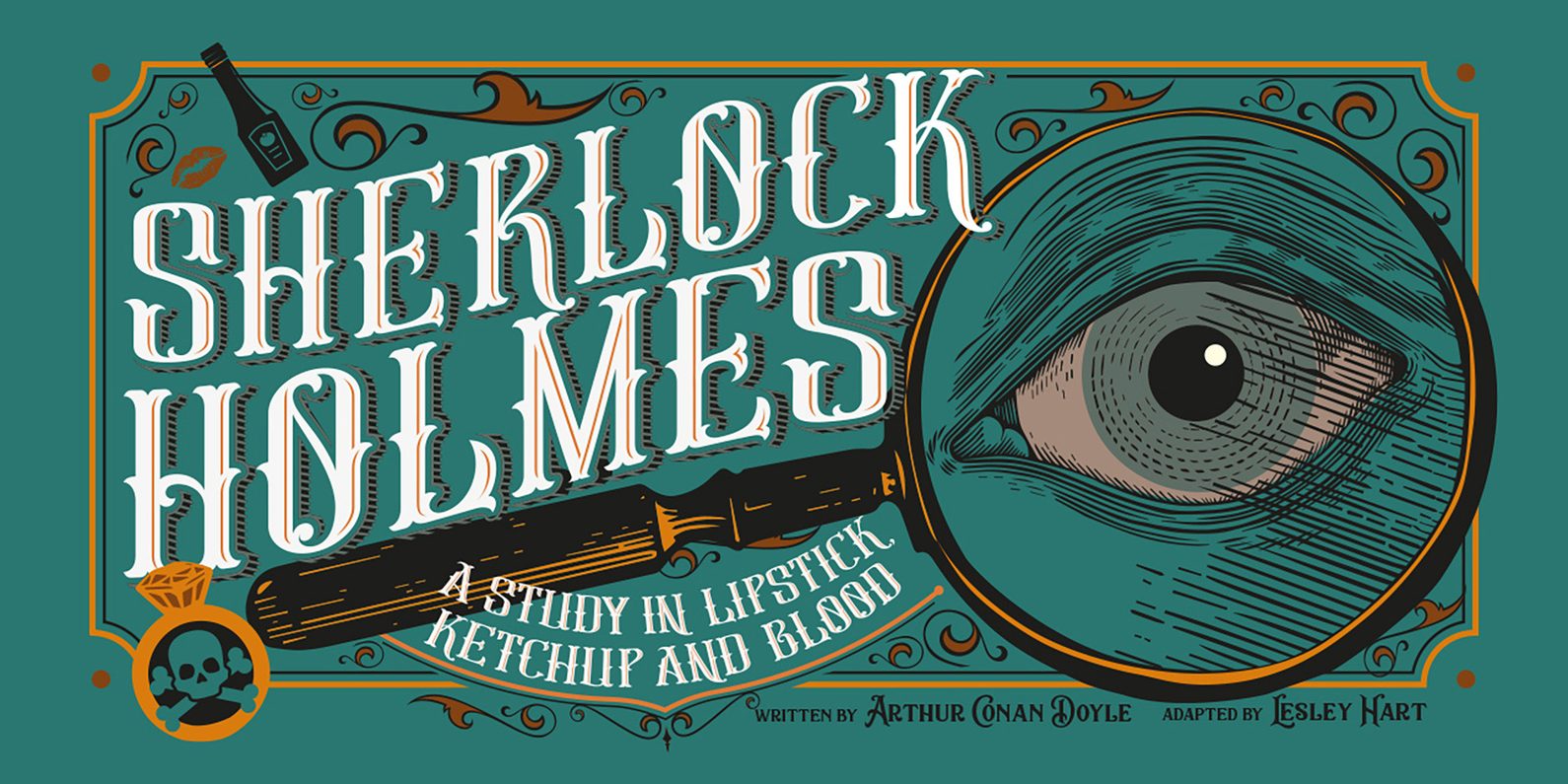 A Turquoise background with a magnifying glass in the centre, within the glass is the image of an eye and surrounding the magnifying glass is a yellow border with a beer bottle in the top left and a ring in the bottom left with skull and crossbones in the area you insert your finger