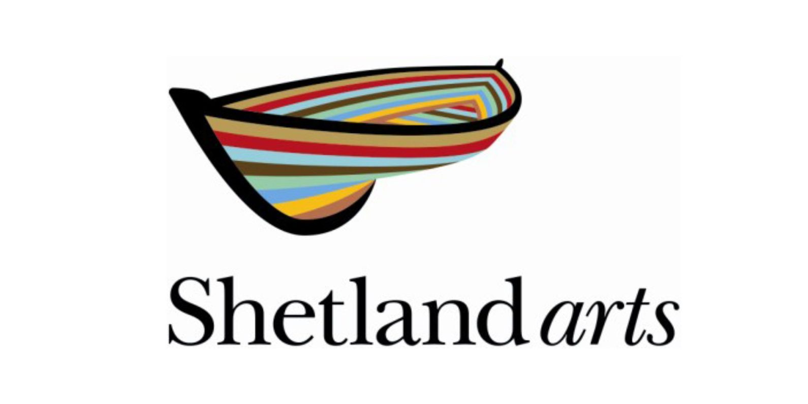 A rowboat made up of different coloured horizontal lines with a black outline with the text 'Shetland arts' below it in black
