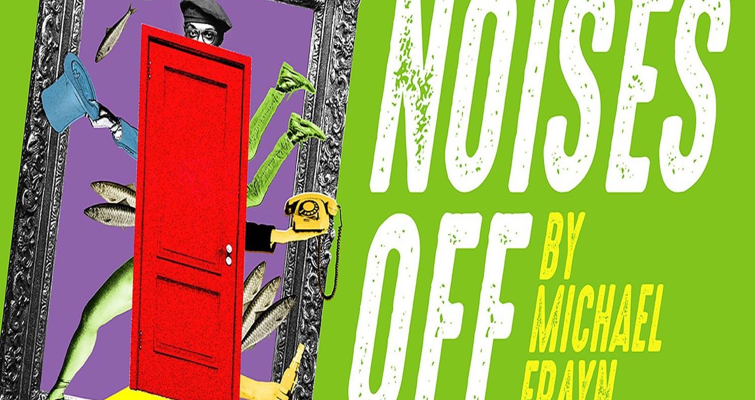 A closed red door in front of a grey picture frame, poking out from behind the door are three legs, a hand holding a telephone, a hand holding a beer bottle, five fish, a top ha about to catch two fish and a man with the top half of his head peering over the top of the door frame