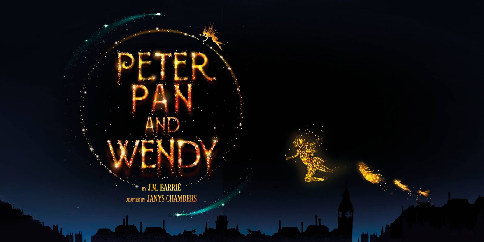 Peter Pan and Wendy text written in fire against a dark background
