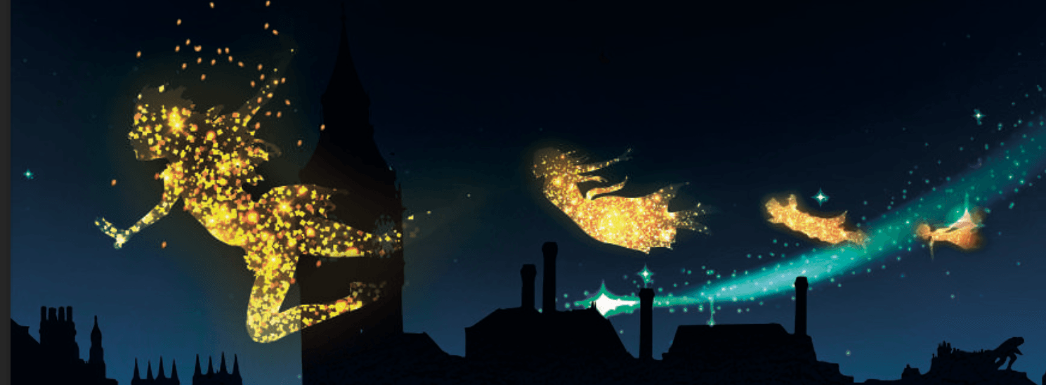 Peter Pan, Wendy and the Darling children flying across the nights sky.