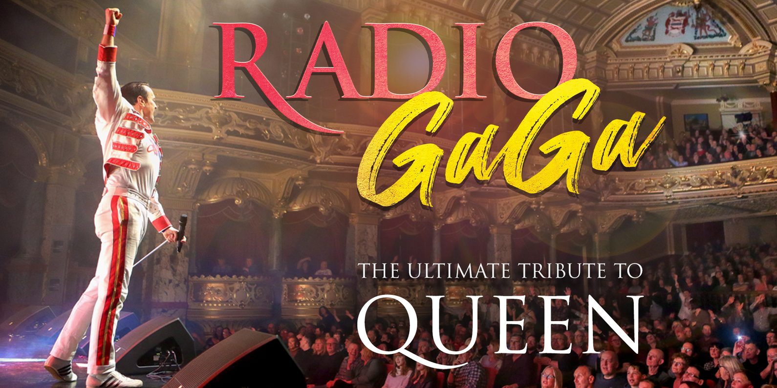 A man dressed as Freddy Mercury performing to a live audience.