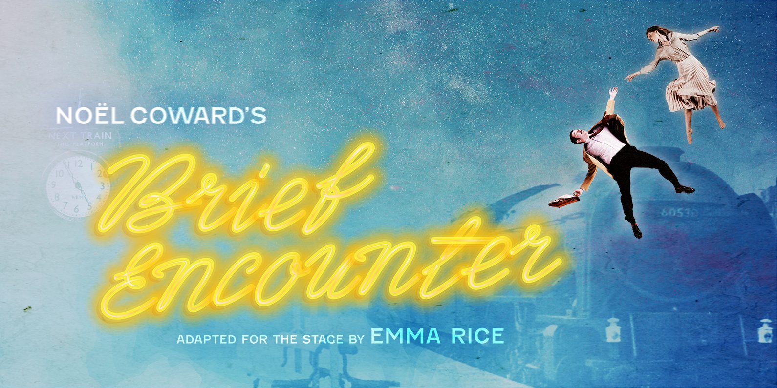 A man and woman floating in the air with the image of a train in the background.