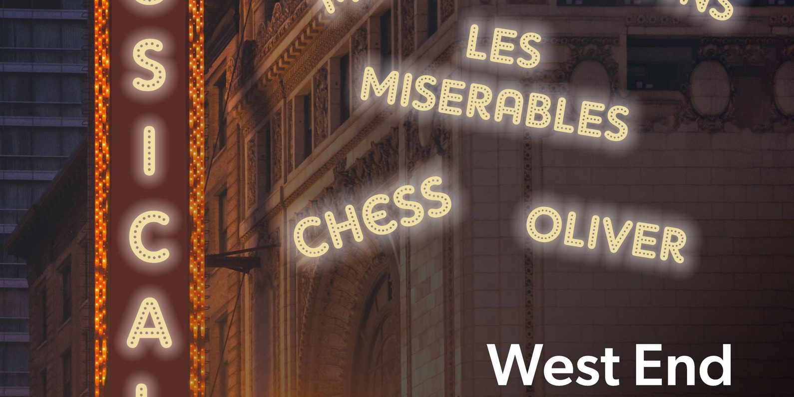 An old-fashioned LED sign lit up saying 'Musicals' surrounded by other names of musicals.