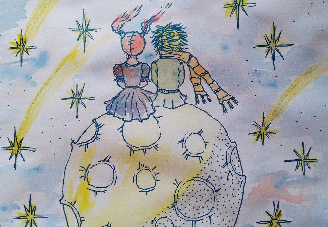 Pen and watercolour artwork of two people sat on the moon.