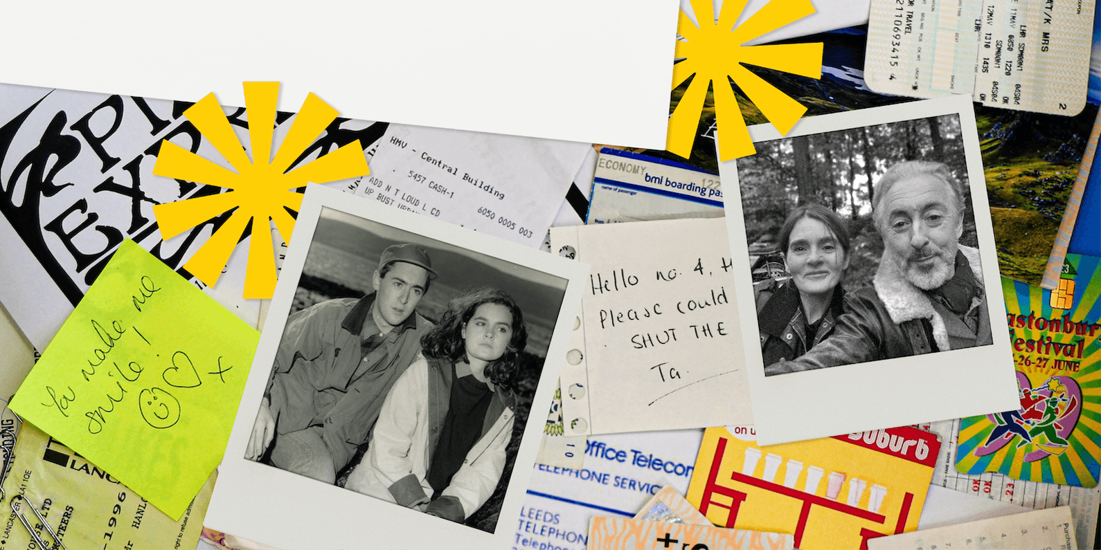 A medley or paper items including photos, ticket stubs, menus and bills